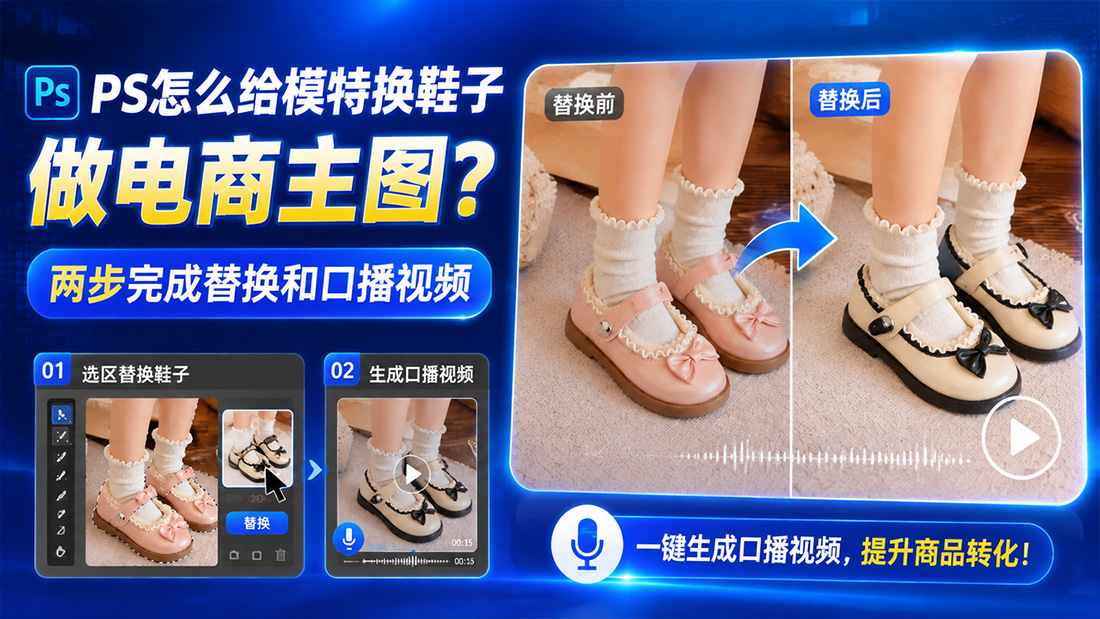 PS怎么给模特换鞋子做电商主图？两步完成替换和口播视频