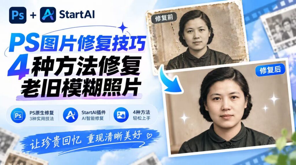 PS+StartAI教程封面图，PS图片修复技巧，4种方法修复老旧模糊照片，展示老照片修复前（带裂痕旧黑白人像）和修复后（高清上色人像）对比，介绍PS原生修复、StartAI插件AI智能修复，标语：让珍贵回忆 重现清晰美好