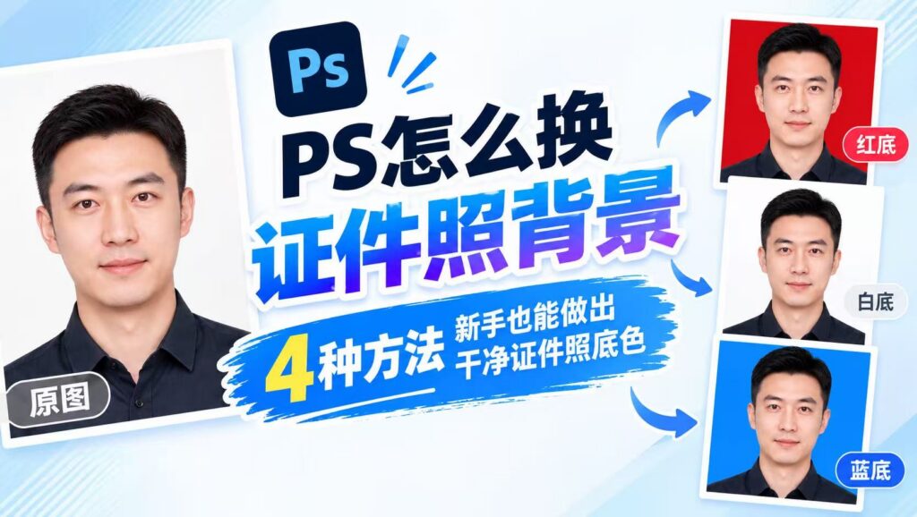 PS 证件照换背景教程封面图，左侧是白底证件照原图，右侧依次展示红底、白底、蓝底三种效果，标题文字 “PS 怎么换证件照背景，4 种方法，新手也能做出干净证件照底色”，搭配 PS 软件图标，浅蓝色简约背景。