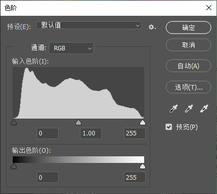 Photoshop 色阶调整对话框，RGB 通道，直方图与输入、输出色阶滑块，用于调整通道图像明暗对比度，是通道抠图里强化黑白反差的操作面板。