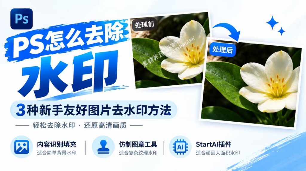 PS 怎么去除水印,3 种新手友好图片去水印方法,展示花朵图片处理前(带水印)与处理后(无水印)对比;分别介绍三种方法:内容识别填充,适合简单背景水印;仿制图章工具,适合复杂纹理水印;StartAI 插件,适合顽固大面积水印,轻松去除水印,还原高清画质。