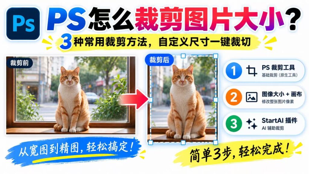 PS 怎么裁剪图片大小教程封面图，介绍 3 种图片裁剪方法，分别是 PS 原生裁剪工具、图像大小 + 画布修改像素、StartAI 插件 AI 辅助裁剪，展示同一张猫咪照片裁剪前后对比效果。