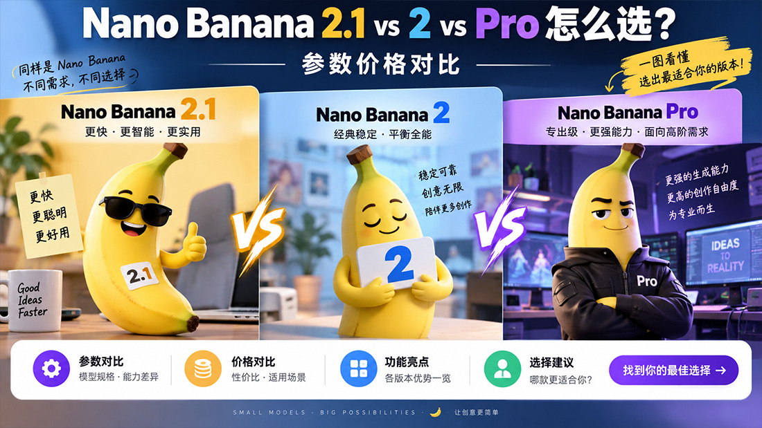Nano Banana 2.1 vs 2 vs Pro怎么选？参数价格对比
