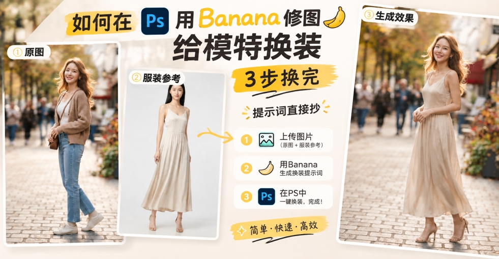 如何在ps用Banana修图给模特换装：3 步换完，提示词直接抄