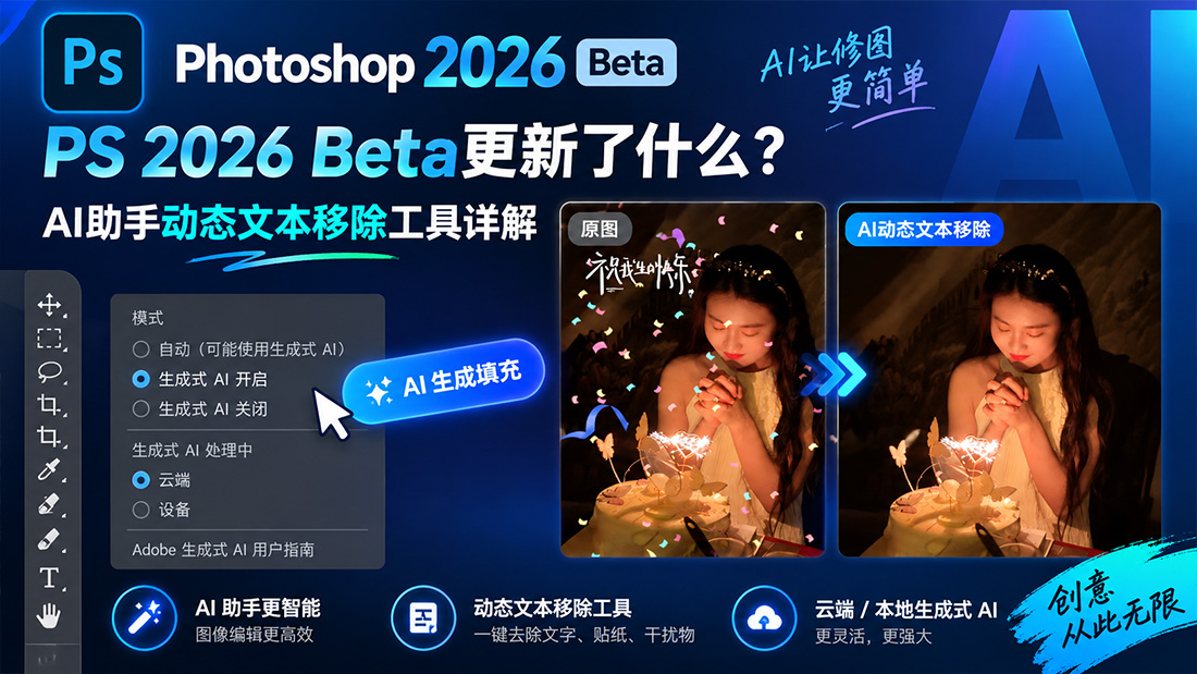 PS 2026 Beta更新了什么？AI助手动态文本移除工具详解