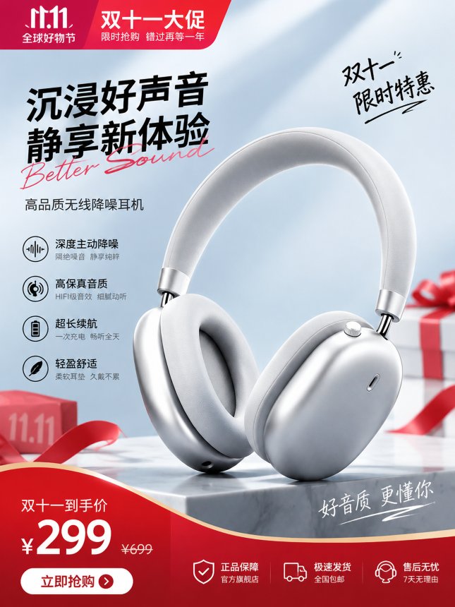 由 StartAI 插件生成的头戴耳机双十一大促电商主图海报，红色促销风格，包含产品图、卖点文案、价格、活动标签。