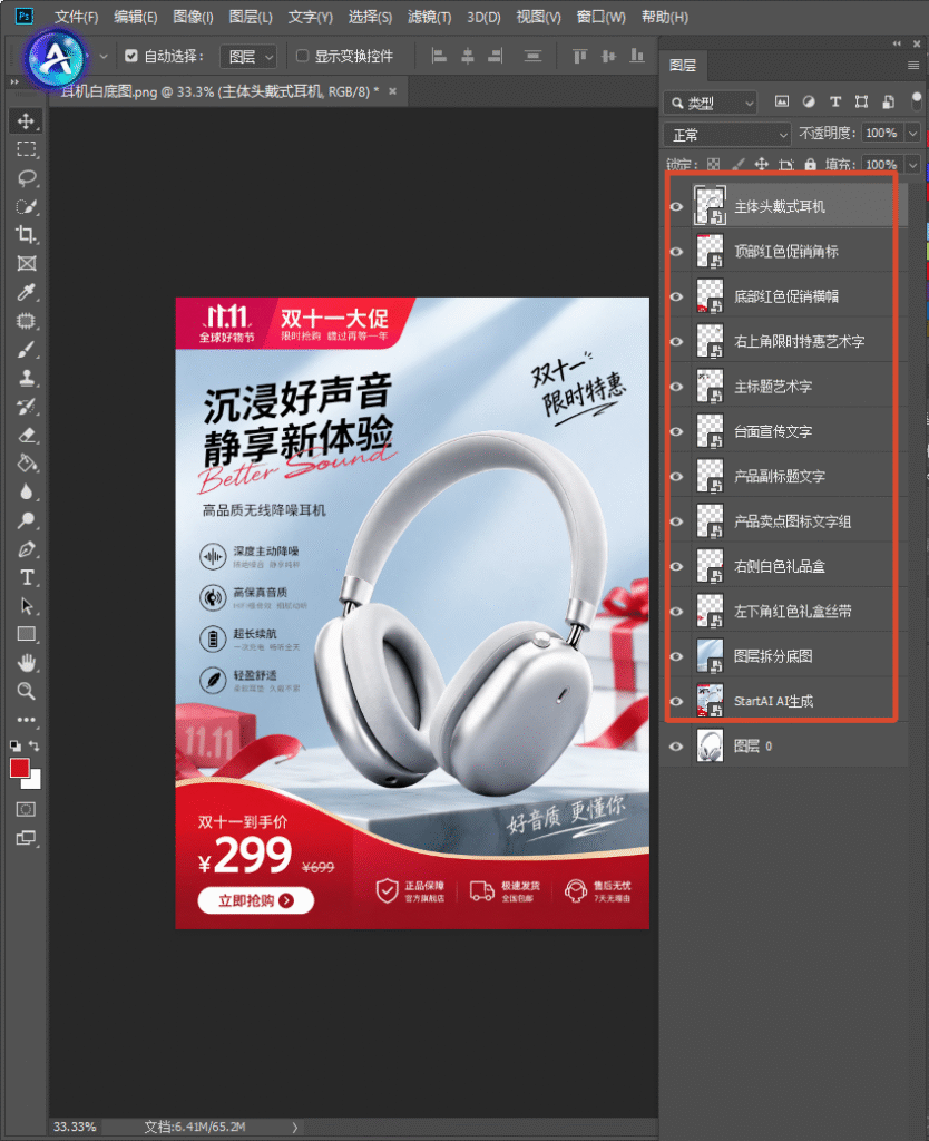 PS 软件图层面板，AI 图层拆分完成，海报自动拆分为耳机产品、促销标题、价格、背景等独立分层图层。