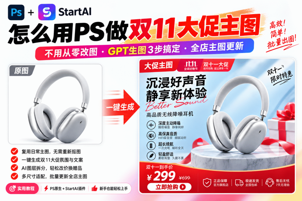 PS+StartAI 插件教程宣传图，主题为使用插件制作双 11 电商主图，左侧耳机白底原图，右侧一键生成的大促海报，标注插件核心优势。