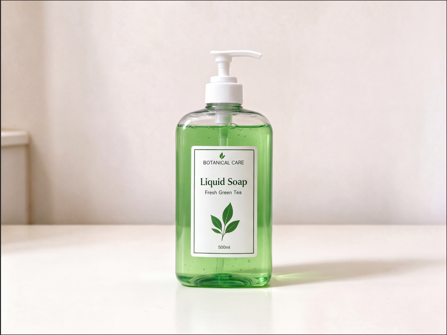 白底简约场景,一瓶 500ml 透明按压瓶装绿茶味洗手液,瓶内是淡绿色液体,瓶身白色标签印有 BOTANICAL CARE、Liquid Soap、Fresh Green Tea 文字与绿叶图案,放置在白色桌面,背景是浅米色纯色墙面。