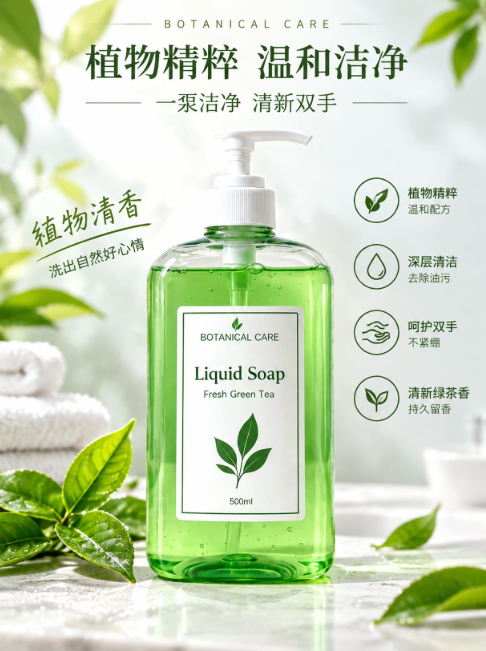 电商商品主图,3:4 竖版,500ml 绿茶洗手液产品居中,瓶身标签完整保留;背景搭配清新绿叶、白色毛巾与带水珠大理石台面;画面顶部有标题文字 “植物精粹 温和洁净 一泵洁净 清新双手”,左侧手写风格文字 “植物清香 洗出自然好心情”,右侧 4 组圆形图标分别标注产品卖点:植物精粹温和配方、深层清洁去除油污、呵护双手不紧绷、清新绿茶香持久留香。