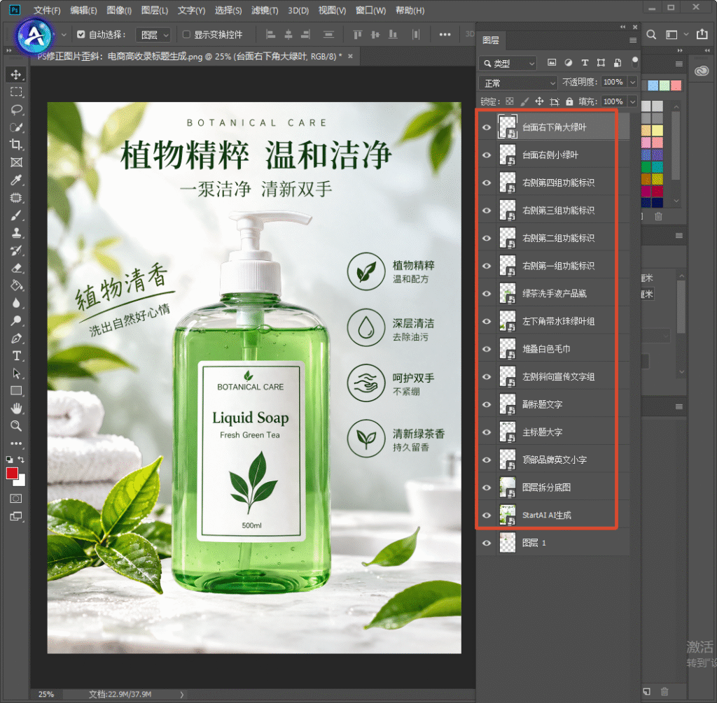 Photoshop 软件界面,展示生成的洗手液电商主图分层图层,右侧图层列表将画面元素拆分为独立图层:主标题、副标题、品牌英文、产品瓶身、毛巾、绿叶、四组卖点标识等,每个元素单独一层,方便后期修改。