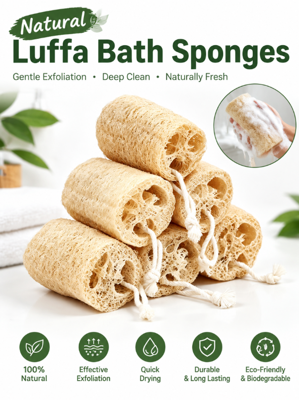亚马逊风格英文电商主图,标题 Natural Luffa Bath Sponges,主视觉为堆叠天然丝瓜络沐浴球,右上角圆形小图展示产品起泡使用场景,底部 5 个绿色图标分别标注 100% Natural、Effective Exfoliation、Quick Drying、Durable & Long Lasting、Eco-Friendly & Biodegradable,背景搭配绿植与白色毛巾。