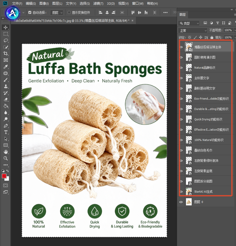 Photoshop 图层面板,丝瓜络电商主图被拆分为独立分层图层,包含产品主体、演示小图、品牌标识、标题文字、5 组功能图标、背景绿植与毛巾等独立图层,方便后期单独编辑修改。