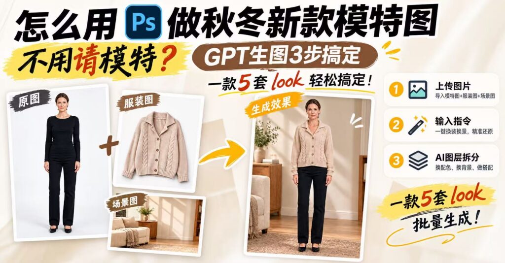 怎么用 Ps 做秋冬新款模特图，不用请模特，GPT 生图 3 步搞定，一款 5 套 look 轻松批量生成；画面左侧展示白底模特原图、针织开衫服装平铺图、居家场景图，箭头指向右侧 AI 换装后的成品效果图，右侧列出 3 个操作步骤：1 上传图片，2 输入指令，3AI 图层拆分，电商美工 AI 服装换装教程宣传图。