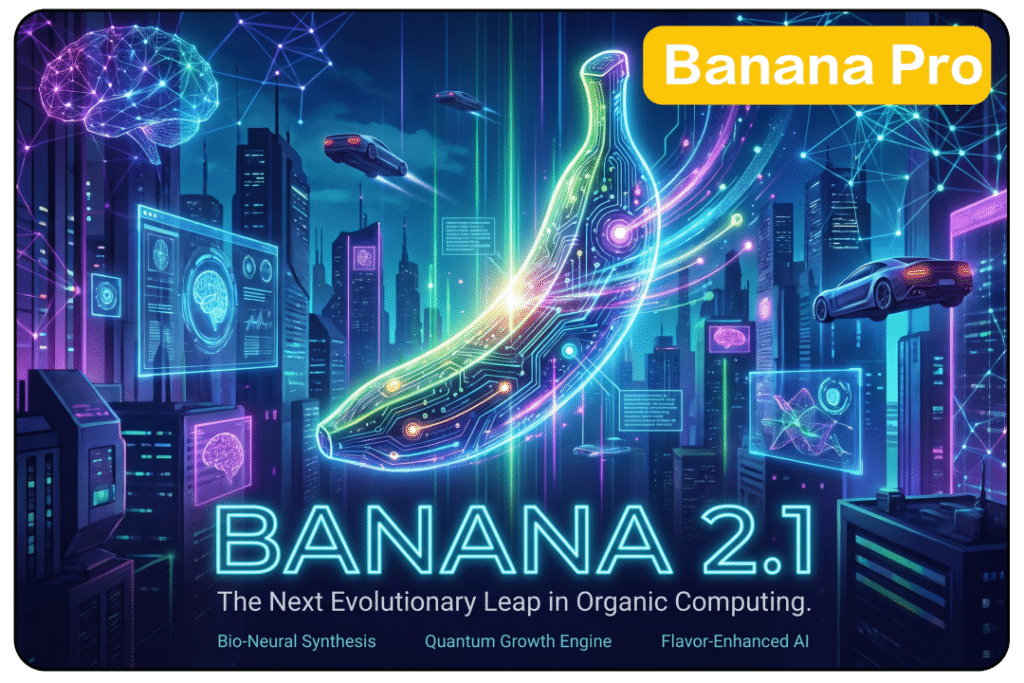 Banana 2.1 科技风宣传图，赛博朋克未来都市背景，电路板发光香蕉图形，标题文字 BANANA 2.1，副标题 The Next Evolutionary Leap in Organic Computing