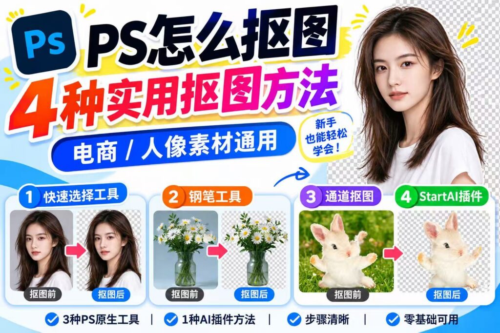PS 教程封面图，标题为 PS 怎么抠图，4 种实用抠图方法，适用于电商与人像素材，新手可学。图中展示 4 类抠图方案：1 快速选择工具、2 钢笔工具、3 通道抠图、4StartAI 插件，每个方法都配有抠图前、抠图后的对比样图，底部标注包含 3 种 PS 原生工具 + 1 种 AI 插件方法，步骤清晰、零基础可用。