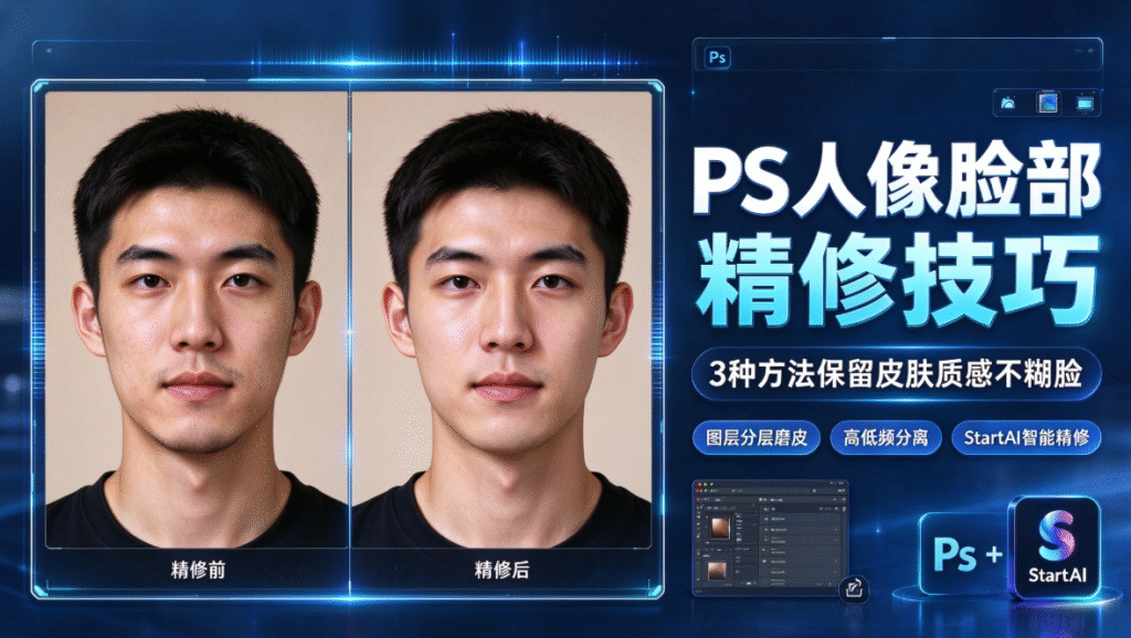 横版教程封面图，深蓝色光影背景，展示男性人像证件照精修前后对比，标题为 PS 人像脸部精修技巧｜3 种方法保留皮肤质感不糊脸，附带 PS、StartAI 插件标识，列出三种人像磨皮技法。