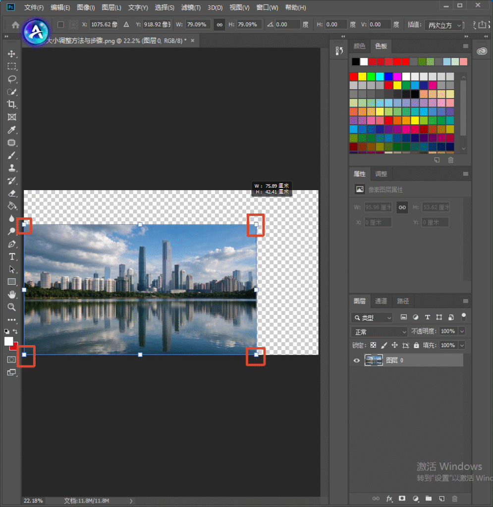 Photoshop 画布中，城市湖景图片进入自由变换状态，图片四角出现红色方框标记控制点，右侧画布区域为透明棋盘格