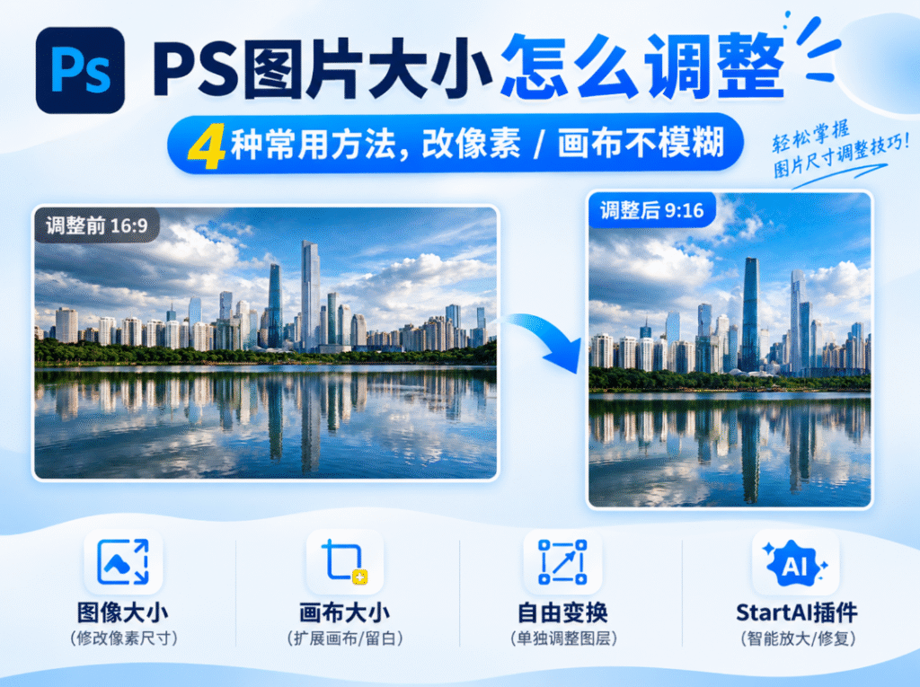 PS 图片大小调整教程封面图，标题为 PS 图片大小怎么调整，介绍 4 种常用图片尺寸调整方法；左侧是 16:9 原图城市湖景照片，右侧箭头指向调整完成的 9:16 版本，下方四个模块分别对应：图像大小（修改像素尺寸）、画布大小（扩展画布 / 留白）、自由变换（单独调整图层）、StartAI 插件（智能放大 / 修复）。