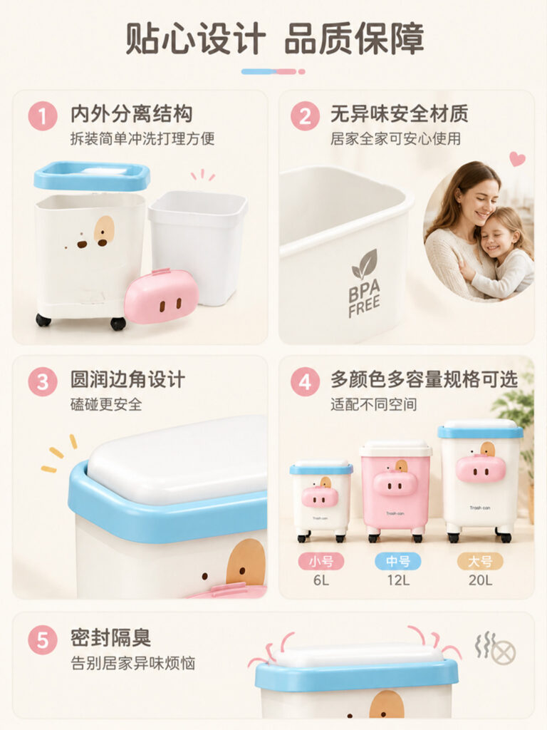 按照提示词生成垃圾桶电商详情页的第三屏。
