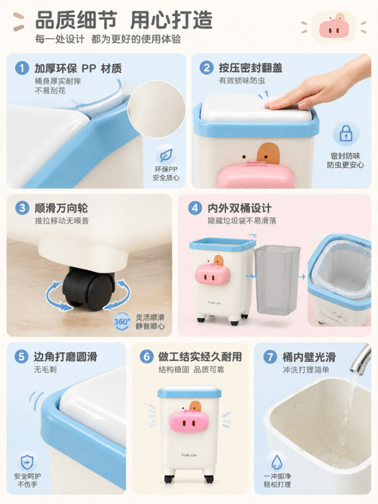 按照提示词生成垃圾桶电商详情页的第四屏。