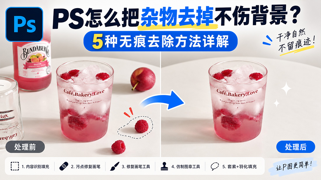 PS怎么把杂物去掉不伤背景？5种无痕去除方法详解