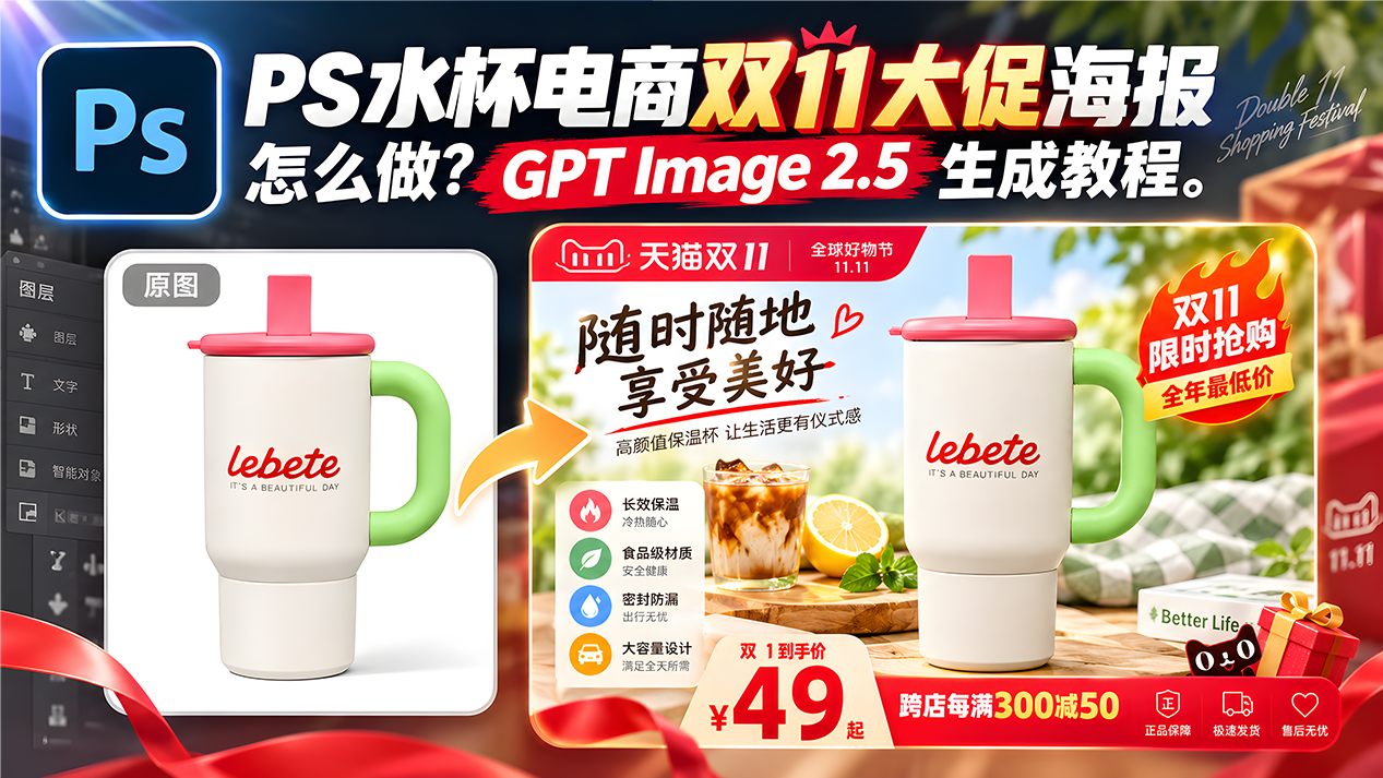 PS水杯电商双11大促海报怎么做？GPT Image 2.5 生成教程