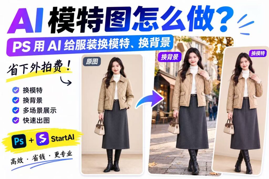 AI 模特图制作教程封面，标题 PS 用 AI 给服装换模特换背景，对比原图、换背景、换模特三种效果，使用 PS+StartAI 插件，节省外拍成本