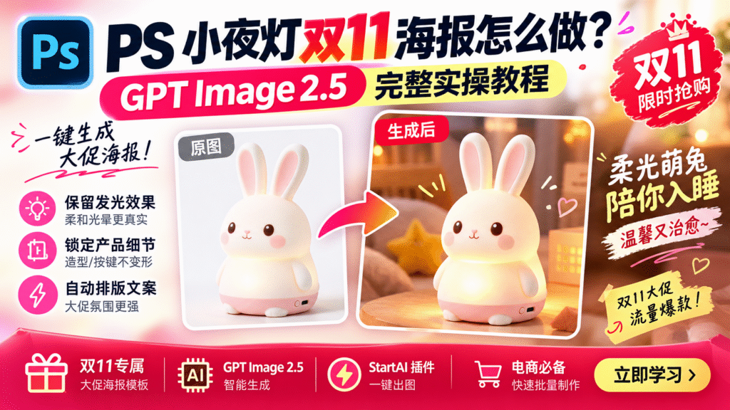 PS 水杯电商双 11 大促海报 GPT Image2.5 生成教程封面图，左侧是白底水杯原图，箭头指向右侧生成好的天猫双 11 促销海报，展示使用 StartAI 插件把产品图一键生成电商大促海报的案例，带有 PS 标识与大促装饰元素。