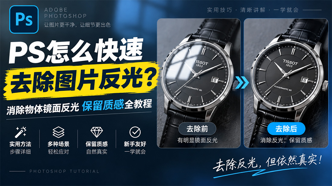 PS怎么快速去除图片反光？消除物体镜面反光保留质感全教程