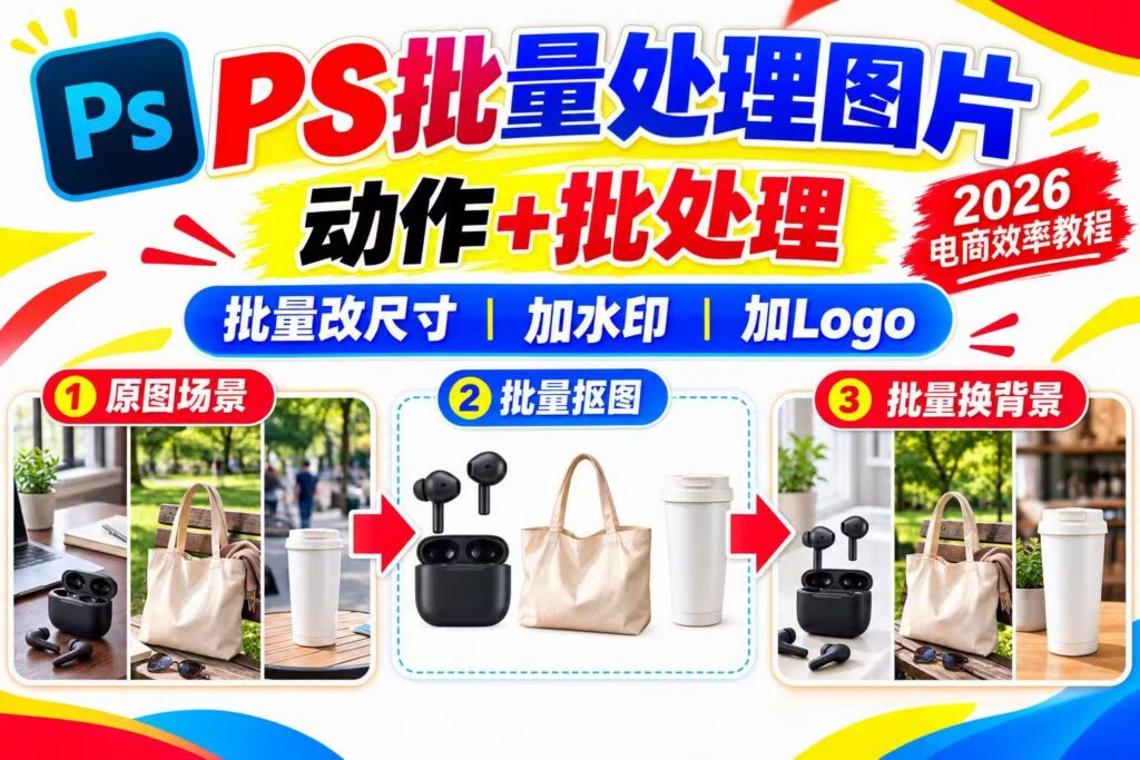 PS 批量处理图片教程封面，标题 PS 批量处理图片 动作 + 批处理，2026 电商效率教程，分三步：原图场景→批量抠图→批量换背景，耳机、托特包、水杯电商产品案例