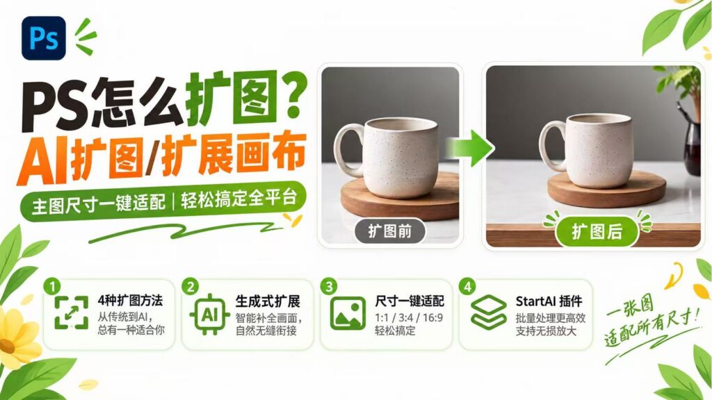 PS 怎么扩图?AI 扩图、扩展画布教程封面图,展示陶瓷马克杯扩图前后对比,介绍 4 种扩图方法、生成式扩展、尺寸一键适配与 StartAI 插件功能,电商主图一键适配多平台尺寸。