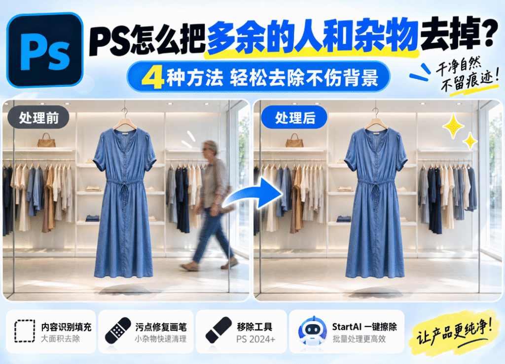 PS 教程封面图，标题 “PS 怎么把多余的人和杂物去掉？4 种方法 轻松去除不伤背景”，左右分栏展示电商服装图处理前后对比：左图处理前，服装店背景里有走动的人物；右图处理后，人物被清除，货架背景完整干净。底部列出 4 种修图工具：内容识别填充（大面积去除）、污点修复画笔（小杂物快速清理）、移除工具（PS2024+）、StartAI 一键擦除（批量处理更高效），附带文案 “干净自然不留痕迹，让产品更纯净！”