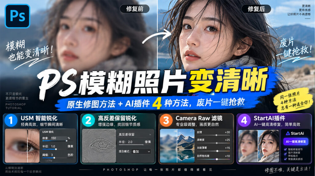 PS模糊照片变清晰｜原生修图方法+AI插件4种方法，废片一键抢救
