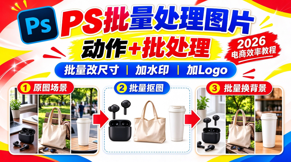 PS怎么批量处理图片？动作+批处理，批量改尺寸/加水印/加Logo（2026 电商效率教程）