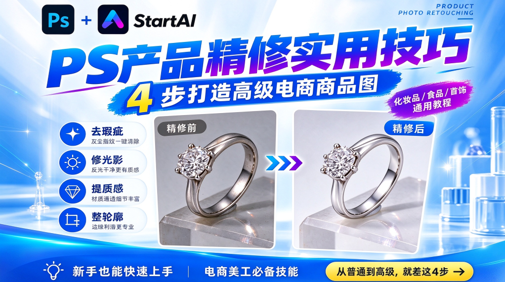 PS产品精修怎么做？化妆品/食品/首饰商品图精修4步法（2026 教程）