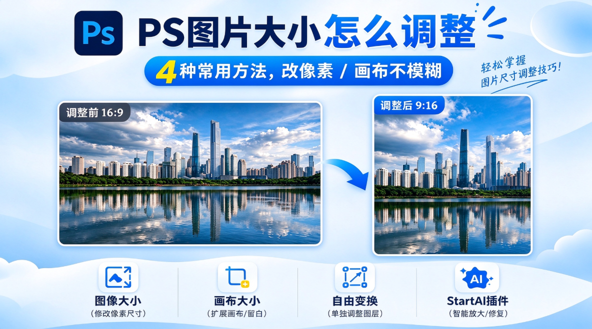 PS 图片大小怎么调整：4 种常用方法，改像素 / 画布不模糊