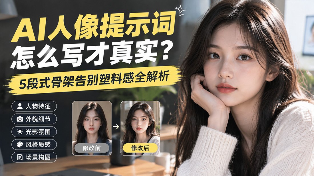 AI人像提示词怎么写才真实？5段式骨架告别塑料感全解析