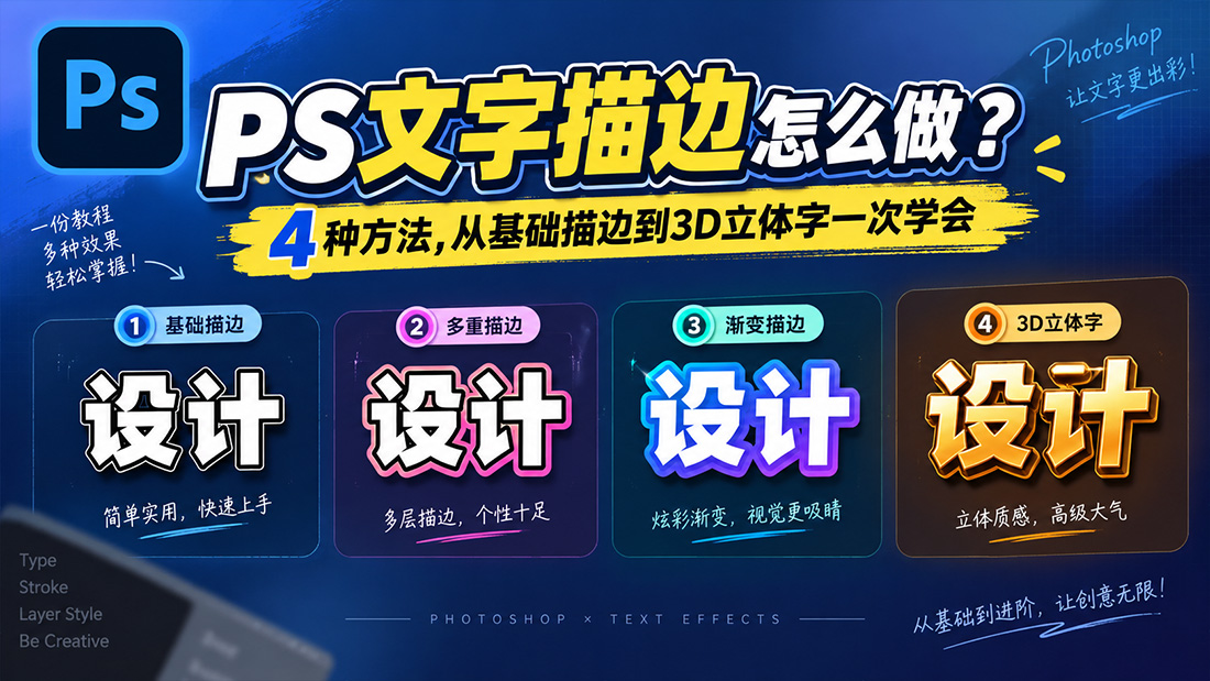 PS文字描边怎么做？4种方法，从基础描边到3D立体字一次学会