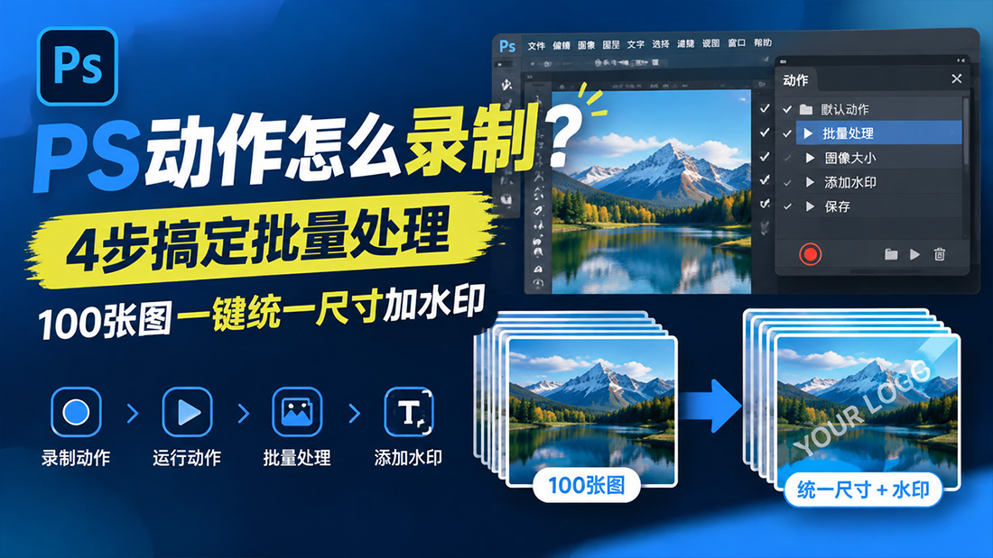 PS动作怎么录制？4步搞定批量处理，100张图一键统一尺寸加水印