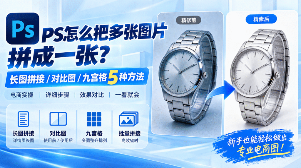 PS 教程封面图，蓝调科技风背景，标题文字 “PS 怎么把多张图片拼成一张？长图拼接 / 对比图 / 九宫格 5 种方法”，右侧放置手表产品精修前、精修后的对比样图，左侧配有 4 个功能图标，分别对应长图拼接、对比图、九宫格、批量拼接，标注电商实操详细步骤，新手制作专业电商图教程封面。