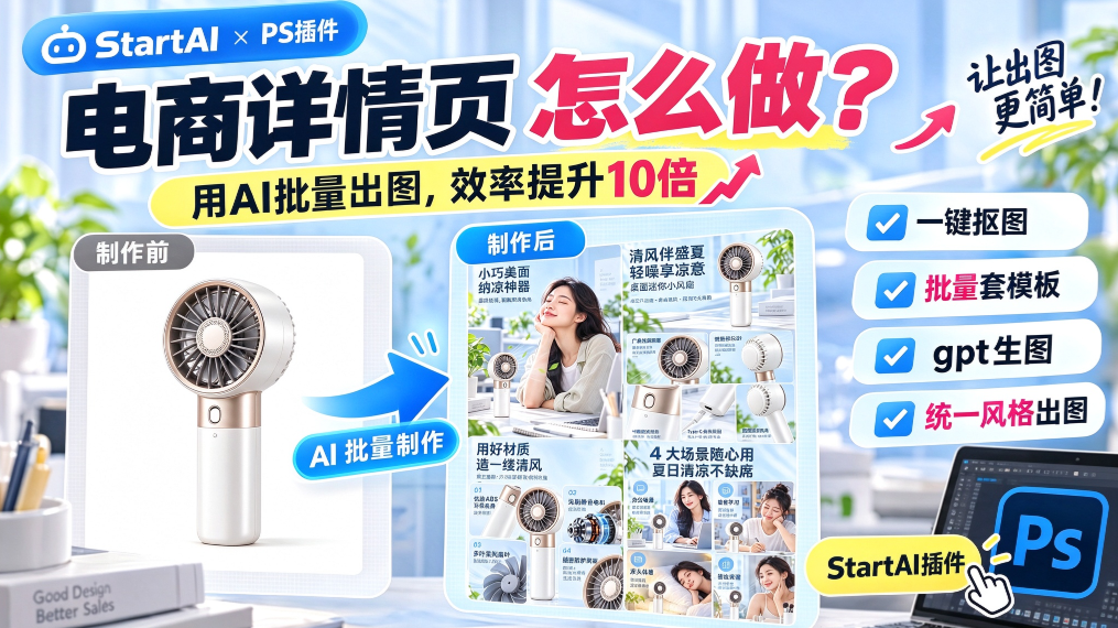 StartAI PS 插件教程 banner，16:9，展示手持小风扇案例，讲解 AI 批量制作电商详情页，支持一键抠图、批量套模板、GPT 生图、统一风格出图，对比制作前后效果，AI 批量出图提升设计效率。