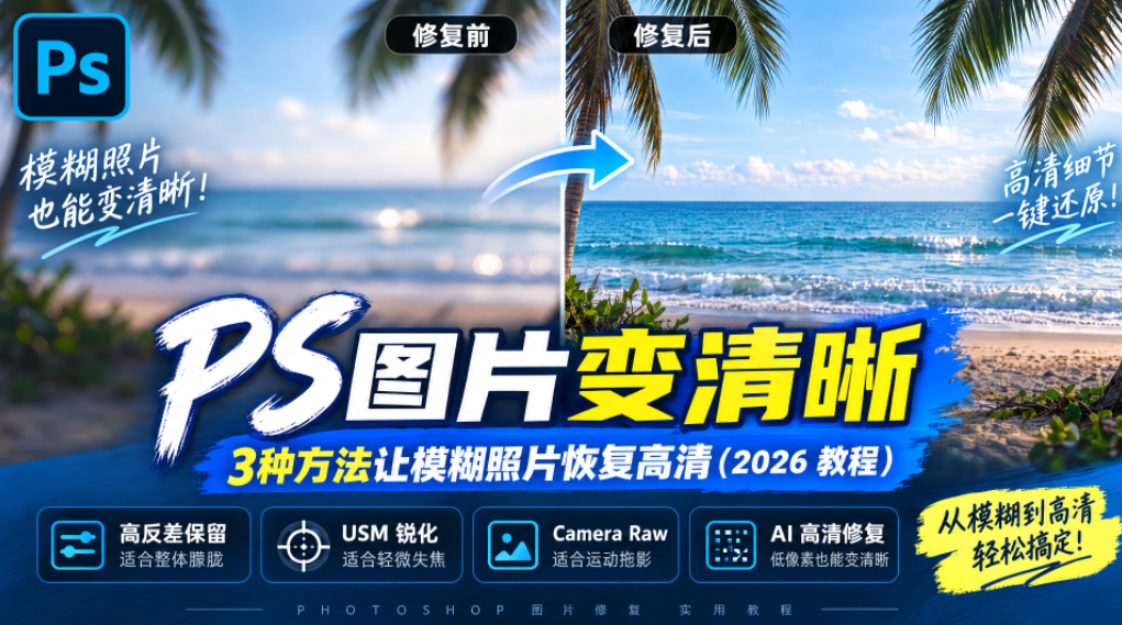 PS 教程封面图，海滩照片修复前后对比，3 种方法把模糊图片变高清：高反差保留、USM 锐化、Camera Raw、AI 高清修复，2026Photoshop 图片清晰化教程