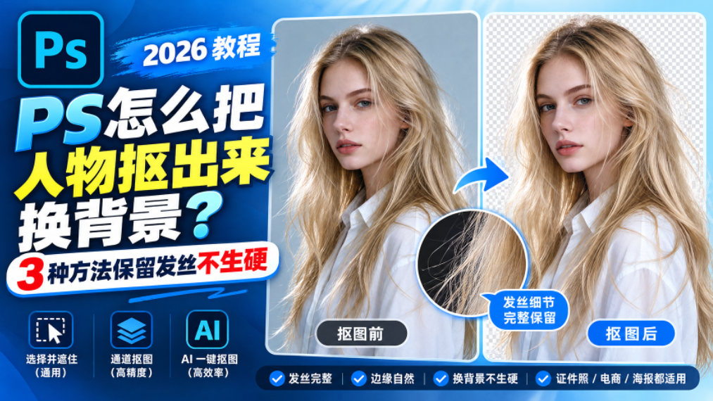 PS2026 教程封面图，标题：PS 怎么把人物抠出来换背景，3 种方法保留发丝不生硬。左右对比人像抠图前后效果，左侧原图带浅灰背景，右侧抠图后透明棋盘格背景，放大圈展示细腻发丝细节。下方标注三种抠图方式：选择并遮住（通用）、通道抠图（高精度）、AI 一键抠图（高效率）。底部卖点：发丝完整、边缘自然、换背景不生硬，适用于证件照、电商、海报。