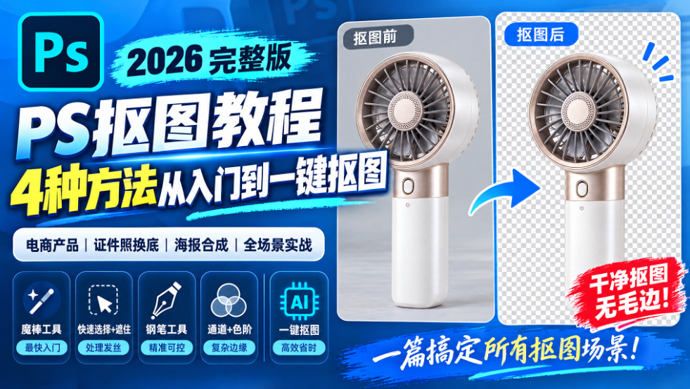 PS2026 抠图教程封面图,蓝色科技风背景,标题 PS 抠图教程 4 种方法从入门到一键抠图,左右对比手持小风扇抠图前原图与抠图后透明底效果;下方展示魔棒工具、快速选择 + 遮住、钢笔工具、通道 + 色阶、AI 一键抠图 5 种抠图方式图标,标注适用电商产品、证件照换底、海报合成场景,文案干净抠图无毛边。