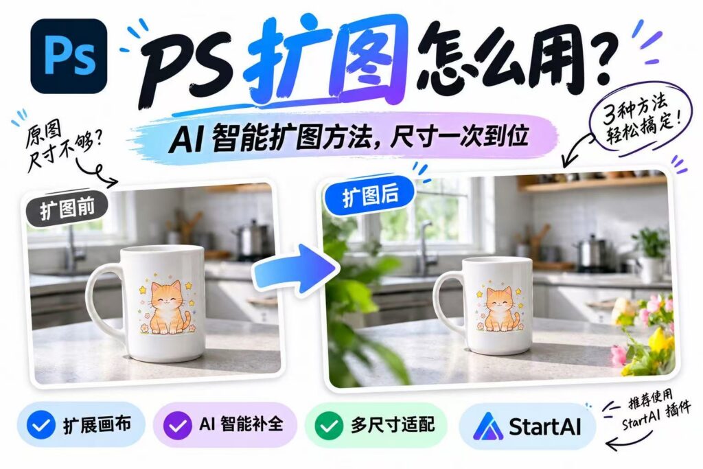PS扩图教程封面图，标题PS扩图怎么用，展示马克杯扩图前与扩图后对比图，StartAI插件推荐