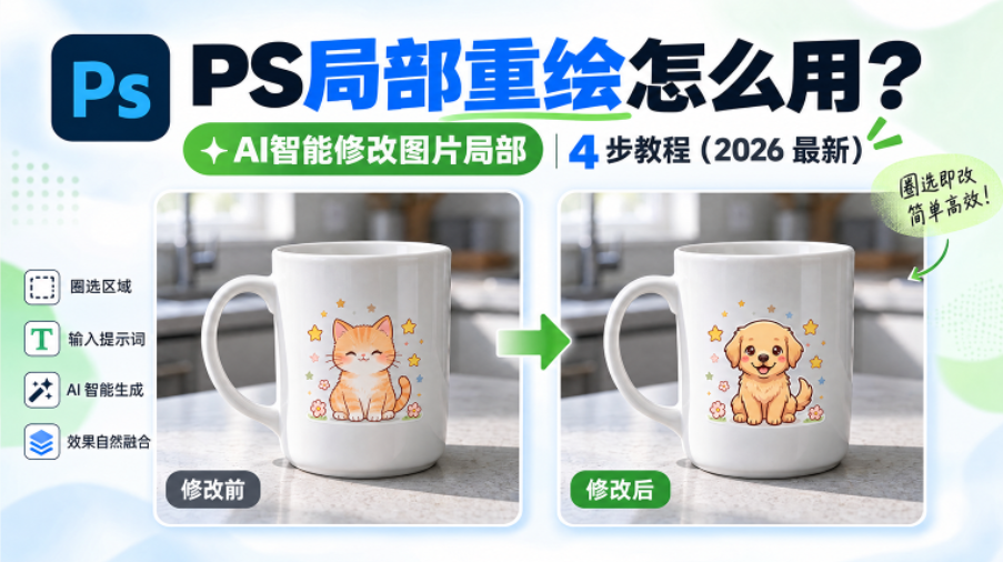 PS 局部重绘教程封面图，标题：PS 局部重绘怎么用？副标题：AI 智能修改图片局部，4 步教程（2026 最新）；左右对比马克杯产品图，左侧修改前杯身是卡通小猫印花，右侧修改后替换为卡通小狗印花；左侧标注操作四步：圈选区域、输入提示词、AI 智能生成、效果自然融合，标注圈选即改，简单高效。