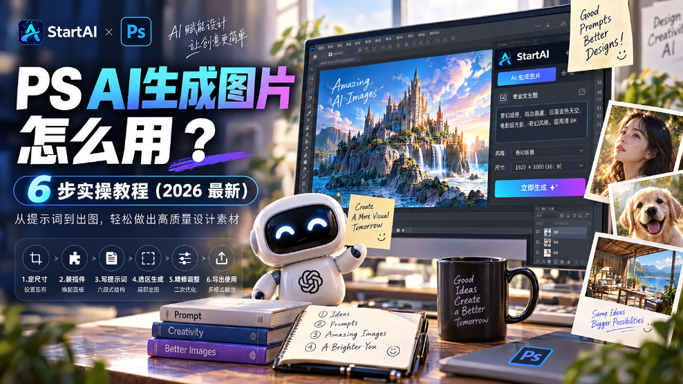 StartAI × PS 教程封面图,标题:PS AI 生成图片怎么用?副标题:6 步实操教程(2026 最新),标语:AI 赋能设计,让创意更简单;画面展示电脑屏幕,PS 内打开 StartAI 插件,生成海边悬崖城堡 AI 插画;下方列出 6 个操作步骤:定尺寸、装插件、写提示词、选区生成、精修调整、导出使用;桌面摆放机器人摆件、书本、马克杯与参考样图,讲解从提示词到出图制作高质量设计素材的方法。