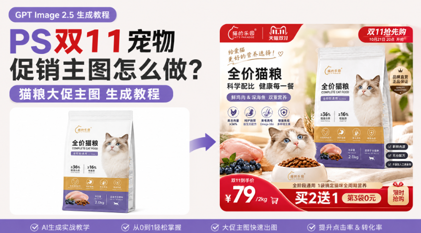 PS双11宠物促销主图怎么做？猫粮大促主图 GPT Image 2.5 生成教程