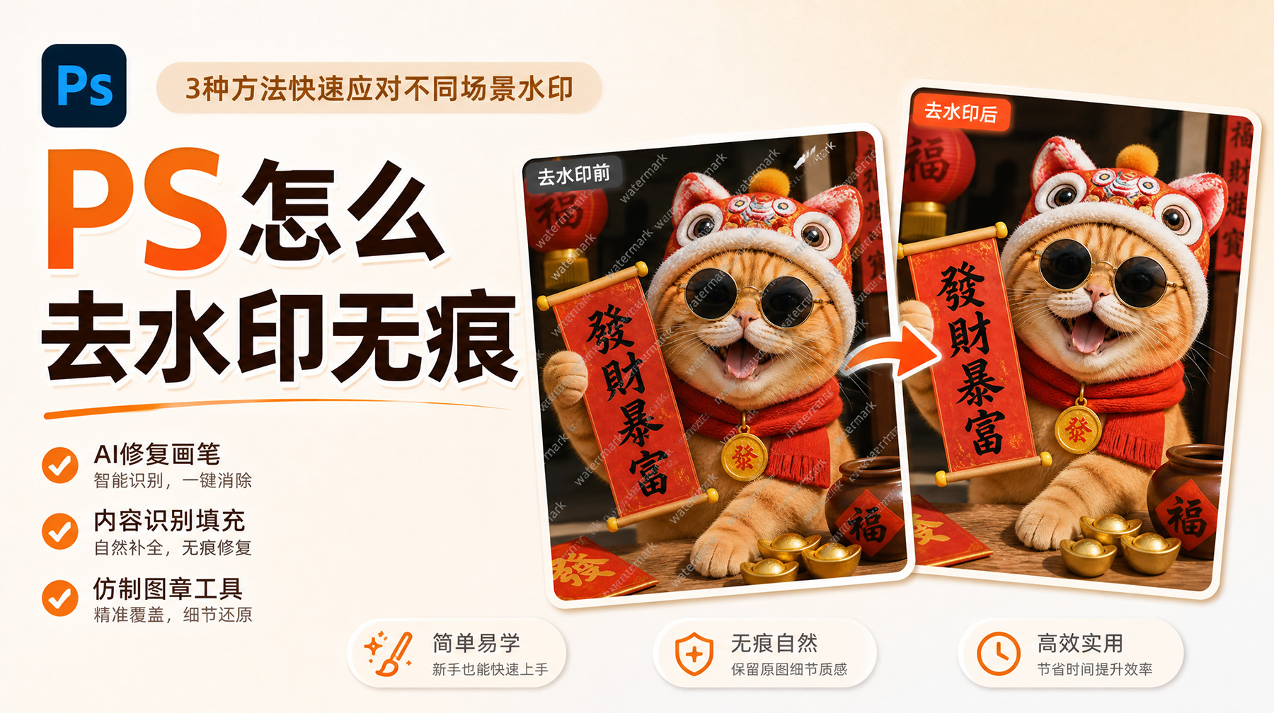 PS怎么去水印无痕？3种方法快速应对不同场景水印